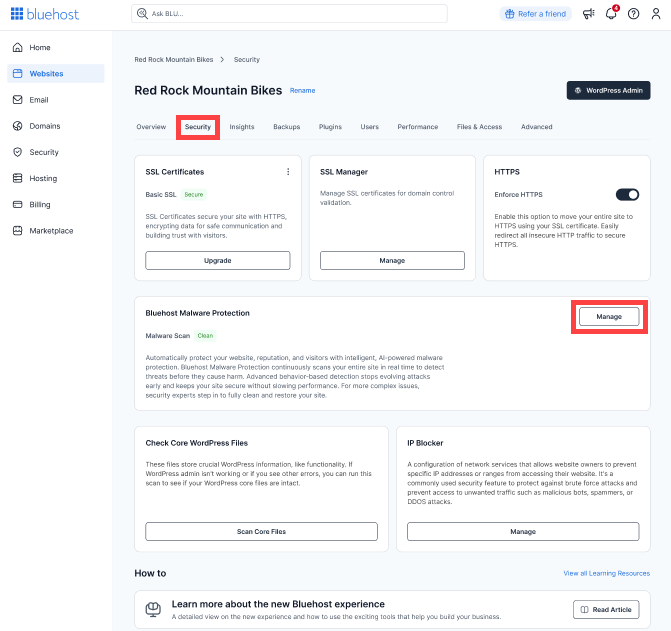 Bluehost Malware Protection - Manage